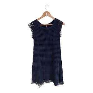 Pete Navy Blue Crochet Knit Short Cap Sleeve Mini Dress Womens Size XS